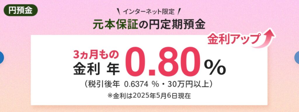 SBI新生銀行の円定期預金は3ヶ月もので年0.80%